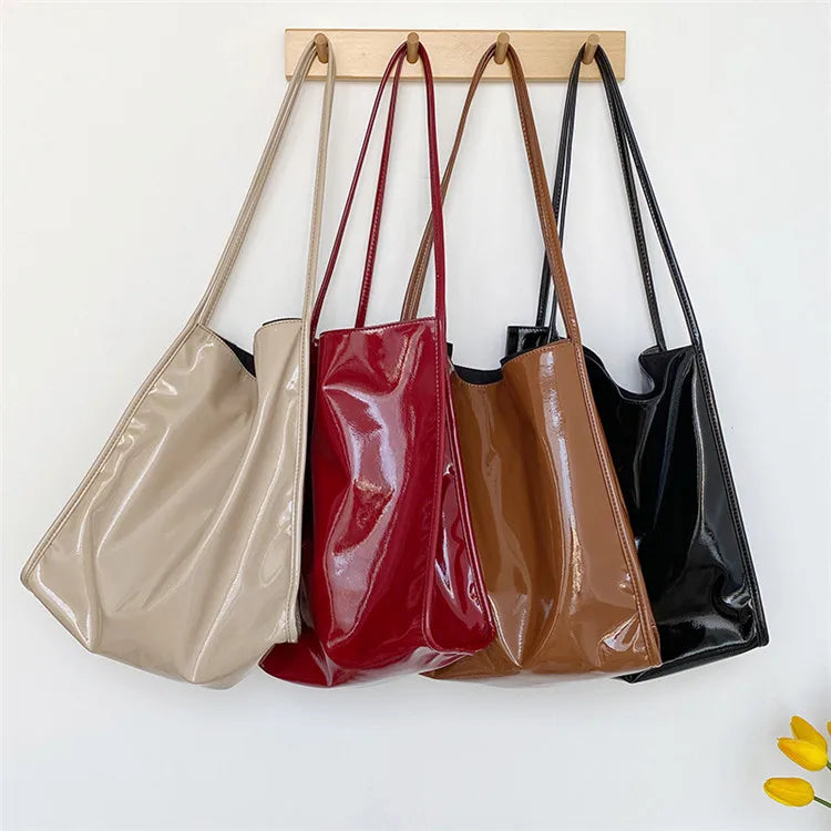 Bright PU Leather Women Shoulder Bag Large Capacity Female Tote Handbag
