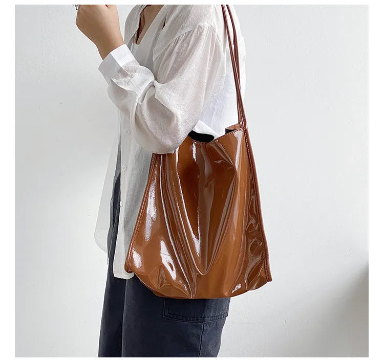 Bright PU Leather Women Shoulder Bag Large Capacity Female Tote Handbag
