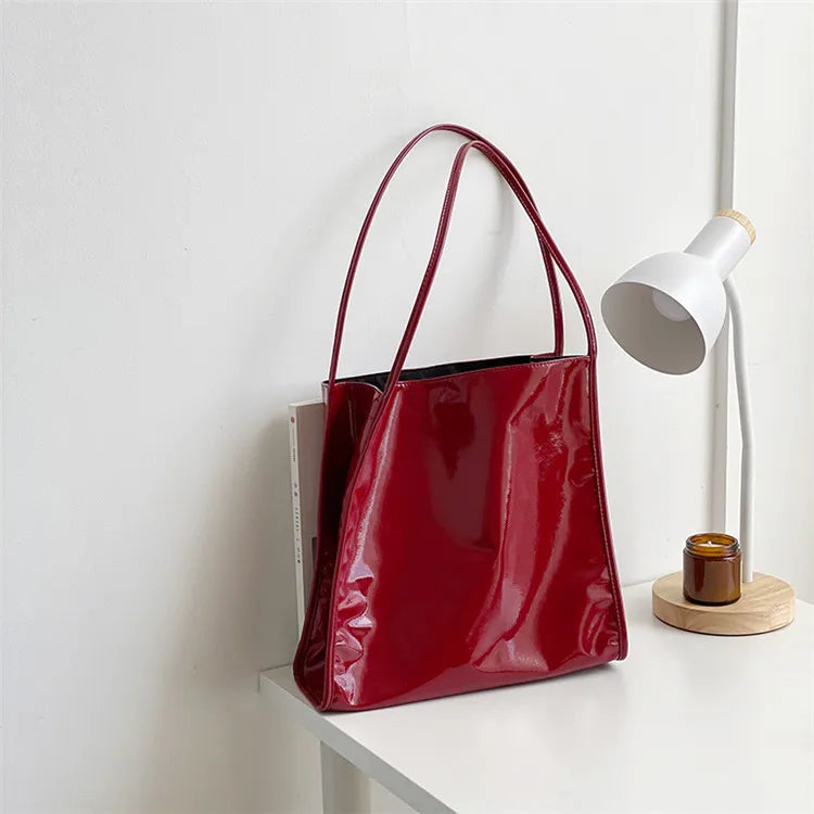 Bright PU Leather Women Shoulder Bag Large Capacity Female Tote Handbag