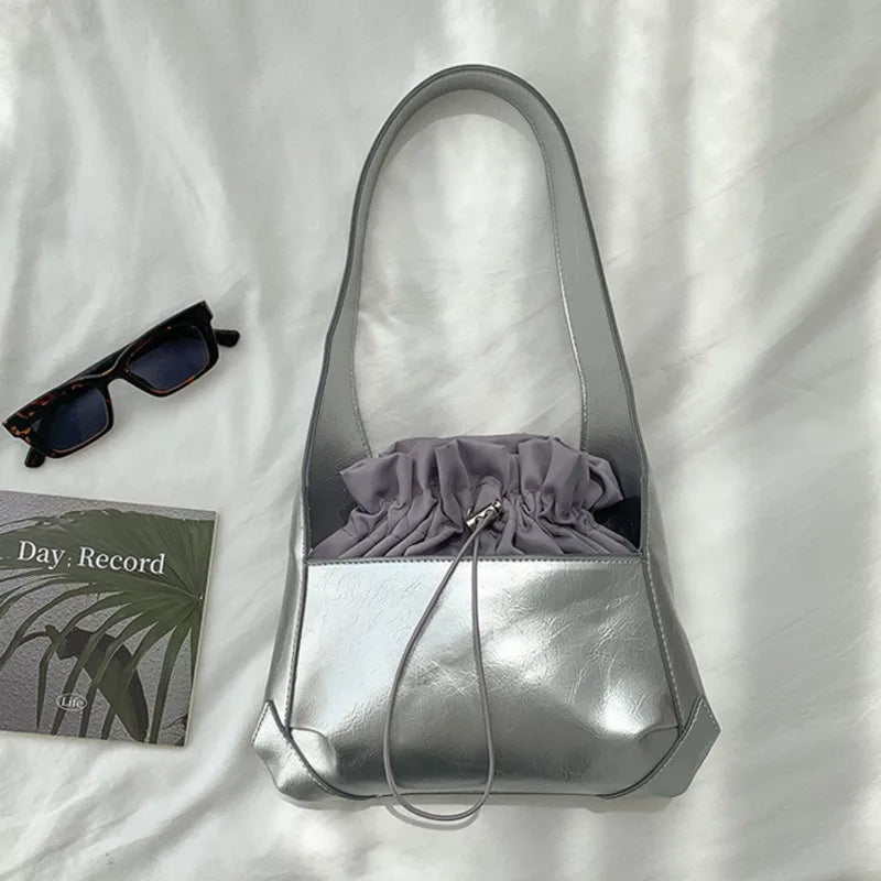 Bright Patent Leather Drawstring Pleated Flap Bags For Women