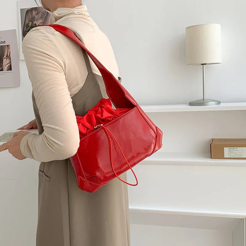 Bright Patent Leather Drawstring Pleated Flap Bags For Women