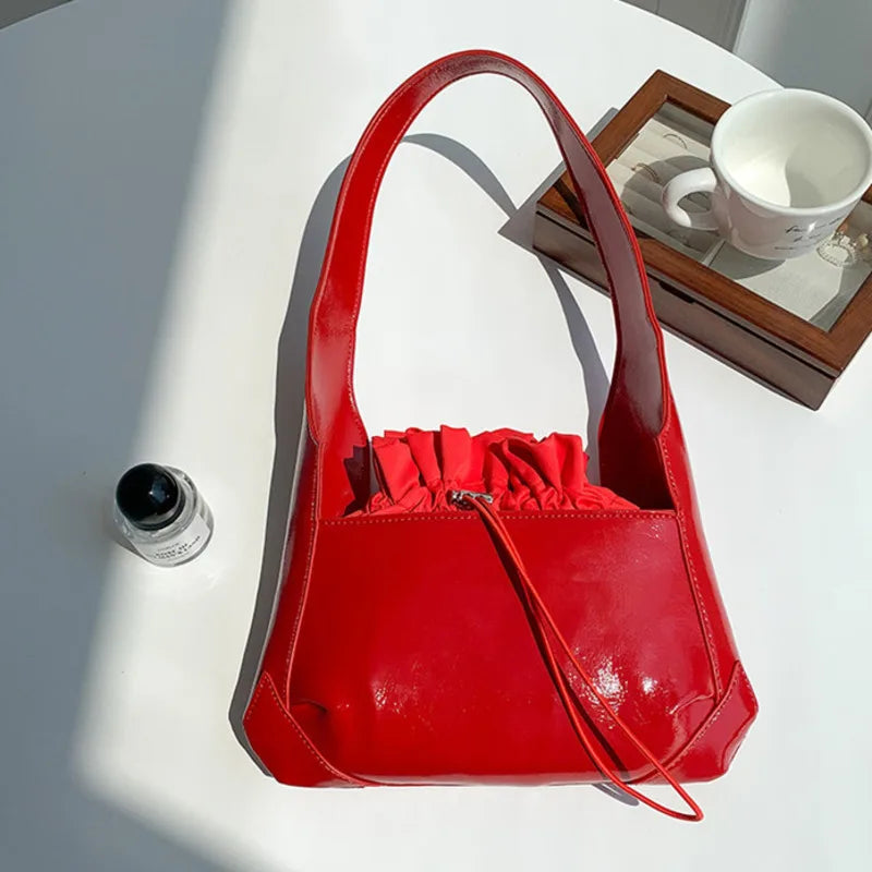 Bright Patent Leather Drawstring Pleated Flap Bags For Women