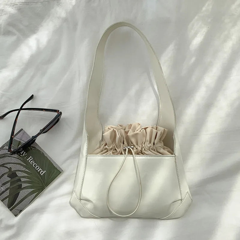 Bright Patent Leather Drawstring Pleated Flap Bags For Women