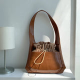 Bright Patent Leather Drawstring Pleated Flap Bags For Women