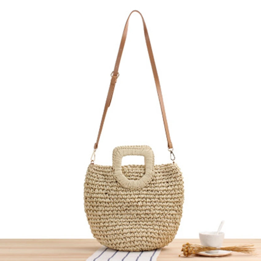 British Style Straw Woven Bag for Women Crossbody Hand Carry Dual-use