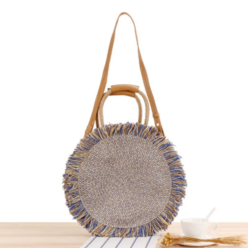 British Portable Tassel Straw Bag Hand Ladle Shoulder Travel Vacation Bag