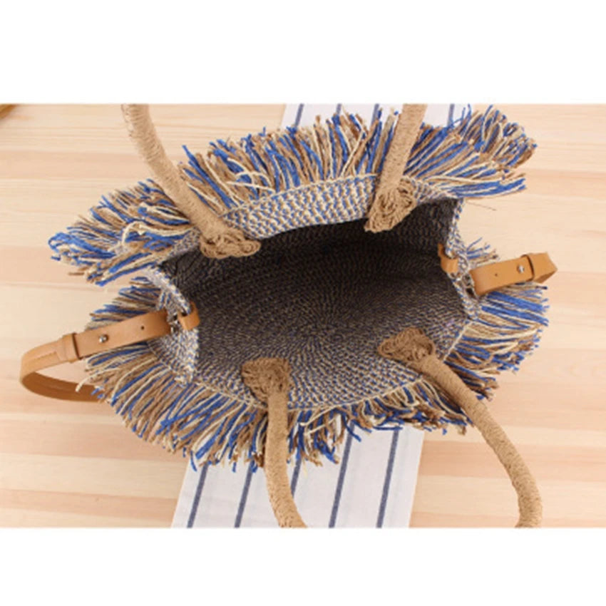 British Portable Tassel Straw Bag Hand Ladle Shoulder Travel Vacation Bag