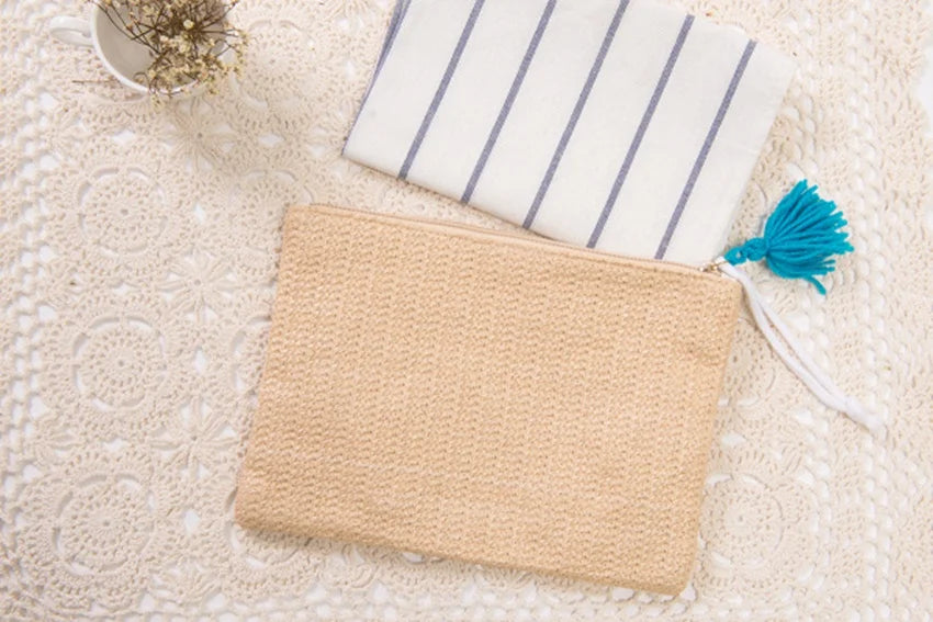 British Style Straw Beach Bag Women's Handbag with Ring