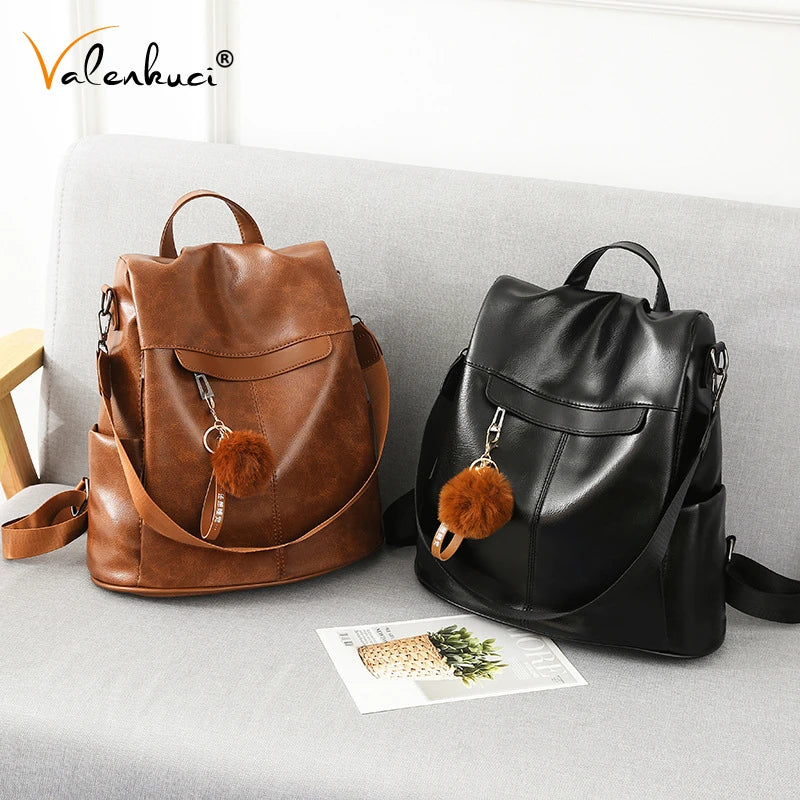 Brown Leather Backpack Women Multifunction Ladies Shoulder Bagpack