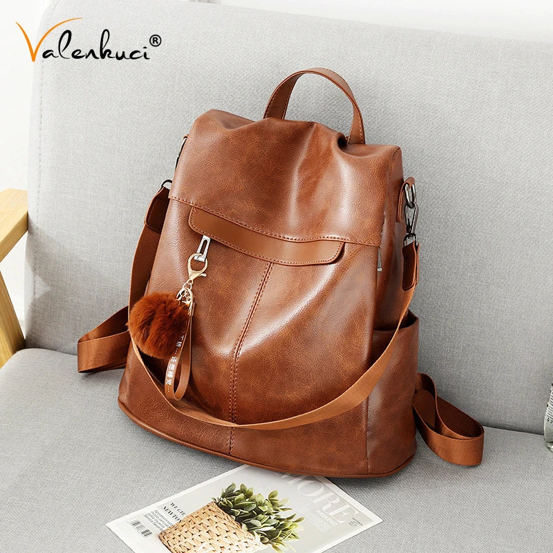 Brown Leather Backpack Women Multifunction Ladies Shoulder Bagpack