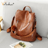 Brown Leather Backpack Women Multifunction Ladies Shoulder Bagpack
