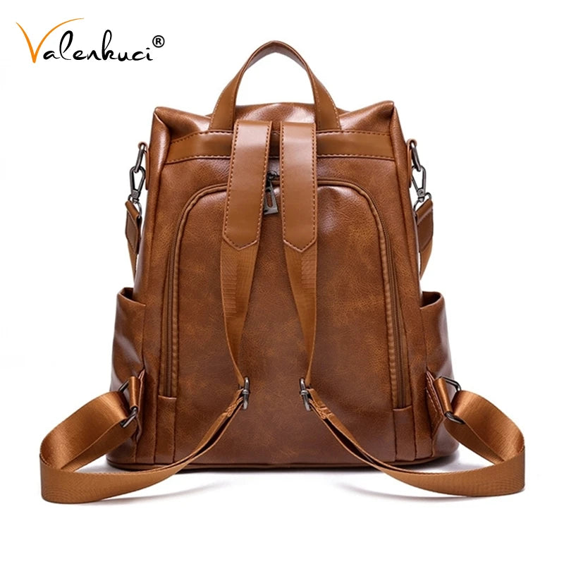 Brown Leather Backpack Women Multifunction Ladies Shoulder Bagpack