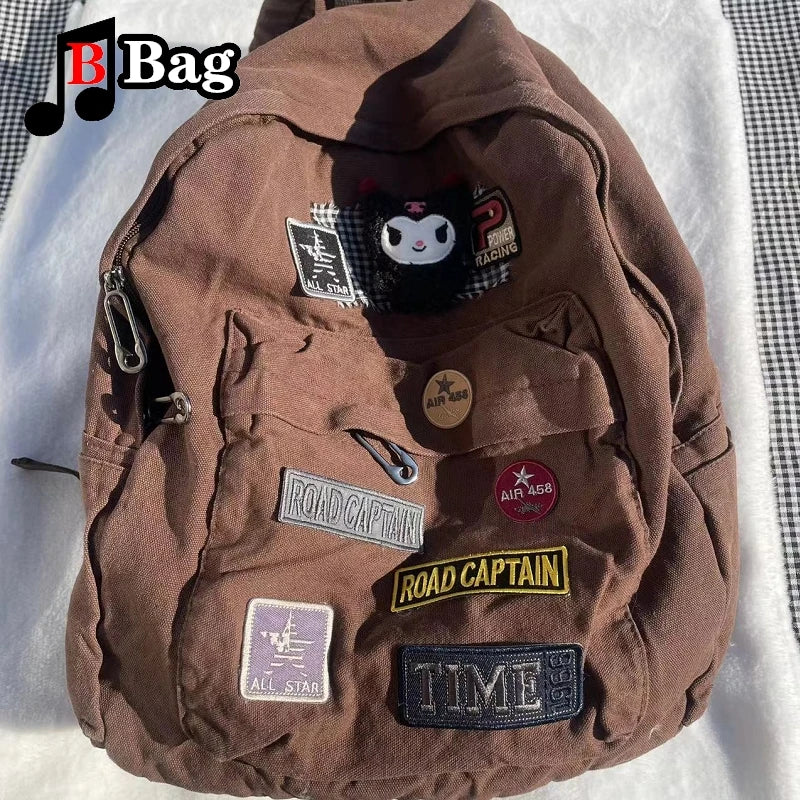 Brown Canvas Backpack Women Gothic Punk Spicy Girl Vintage Bag Large Capacity