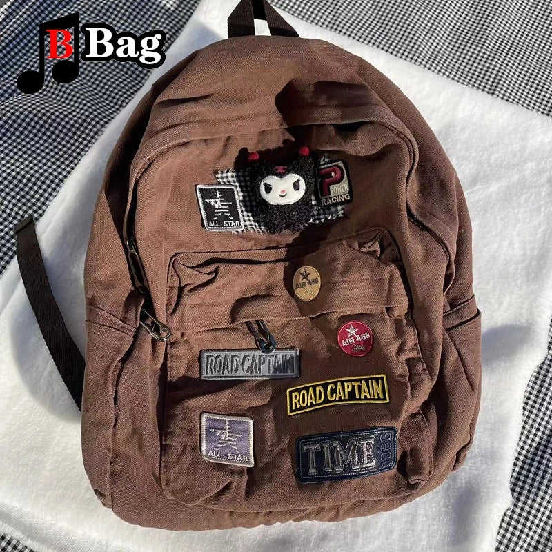 Brown Canvas Backpack Women Gothic Punk Spicy Girl Vintage Bag Large Capacity