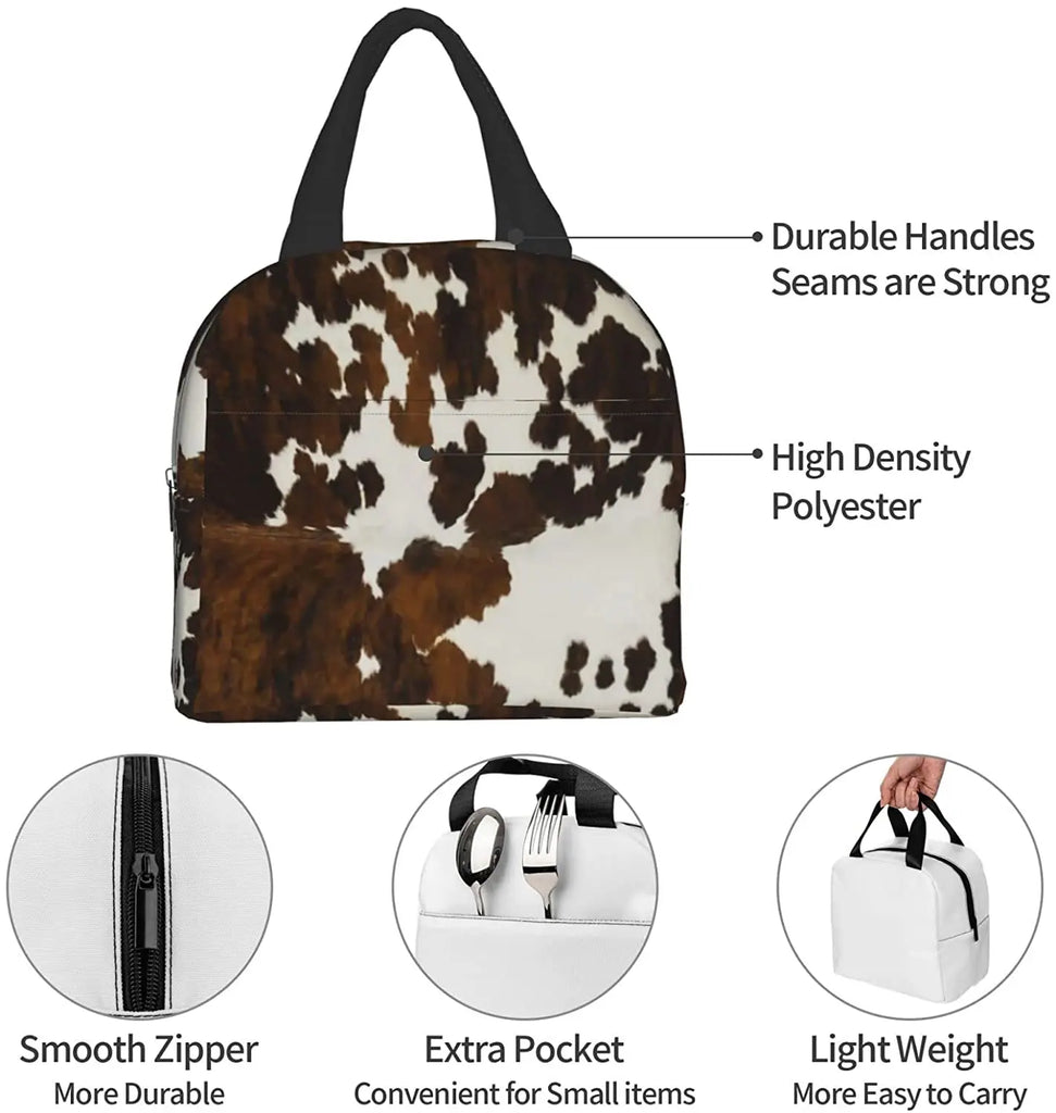 Brown Cow Print Cartoon Insulated Lunch Bag for Women