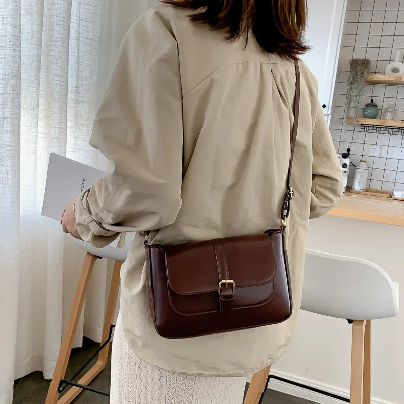 Brown Leather Crossbody Messenger Bag for Women Medium Size Retro Handbag
