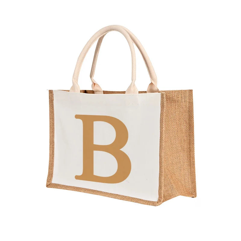 Brown Letters Pattern Burlap Bag Foldable Shoulder Bags Portable Canvas Bags