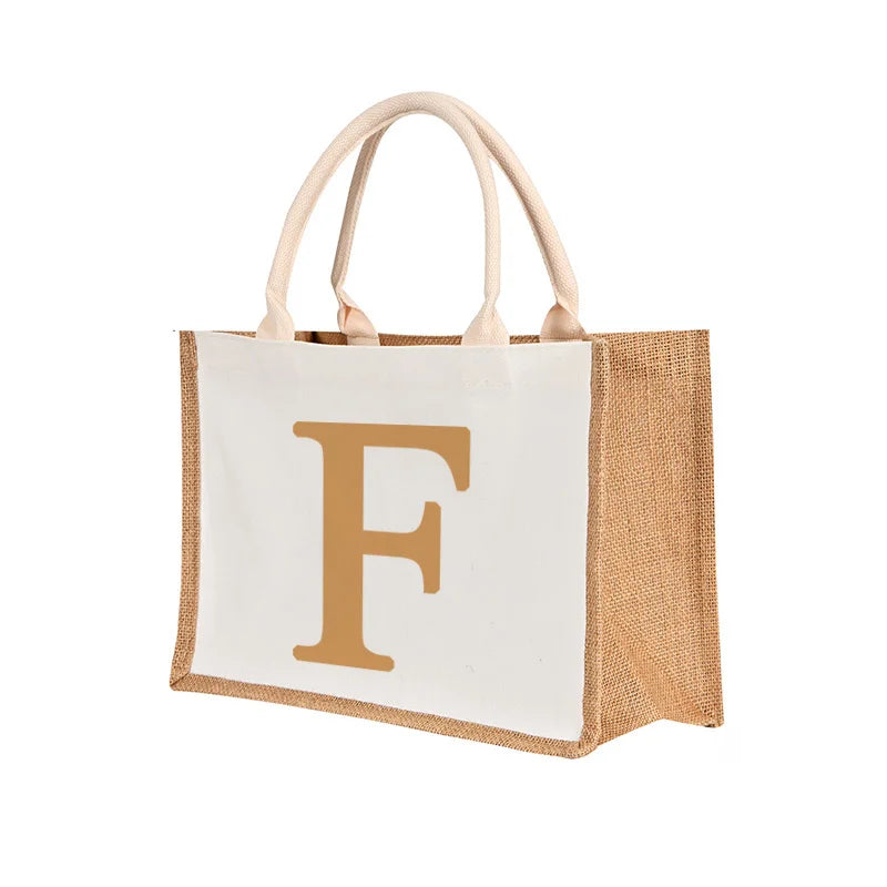 Brown Letters Pattern Burlap Bag Foldable Shoulder Bags Portable Canvas Bags