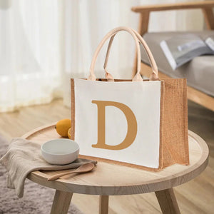 Brown Letters Pattern Burlap Bag Foldable Shoulder Bags Portable Canvas Bags