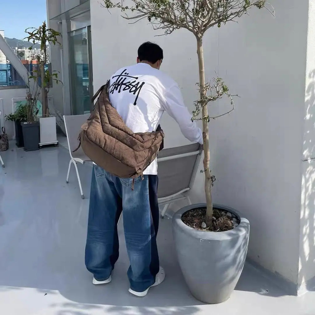 Brown Nylon Tote Bag Women Casual Zipper Shoulder Handbag Crossbody