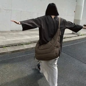 Brown Nylon Tote Bag Women Casual Zipper Shoulder Handbag Crossbody