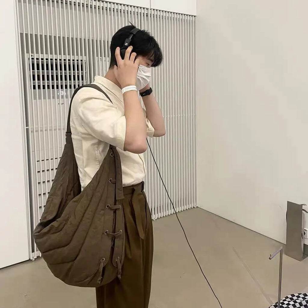 Brown Nylon Tote Bag Women Casual Zipper Shoulder Handbag Crossbody