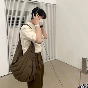 Brown Nylon Tote Bag Women Casual Zipper Shoulder Handbag Crossbody