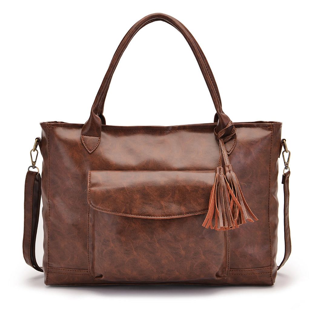 Brown PU Large Women Tote Bag with Leather Strap and Tassel