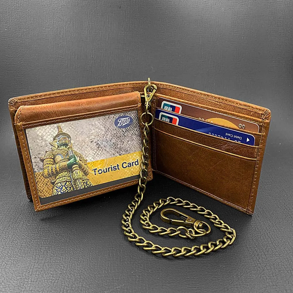 Brown Slim Leather Wallet RFID Blocking Bifold Chain Wallet for Men