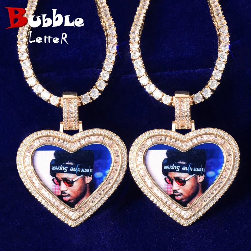 Bubble Letter Photo Necklace for Men Baguette Charms Hip Hop Jewelry