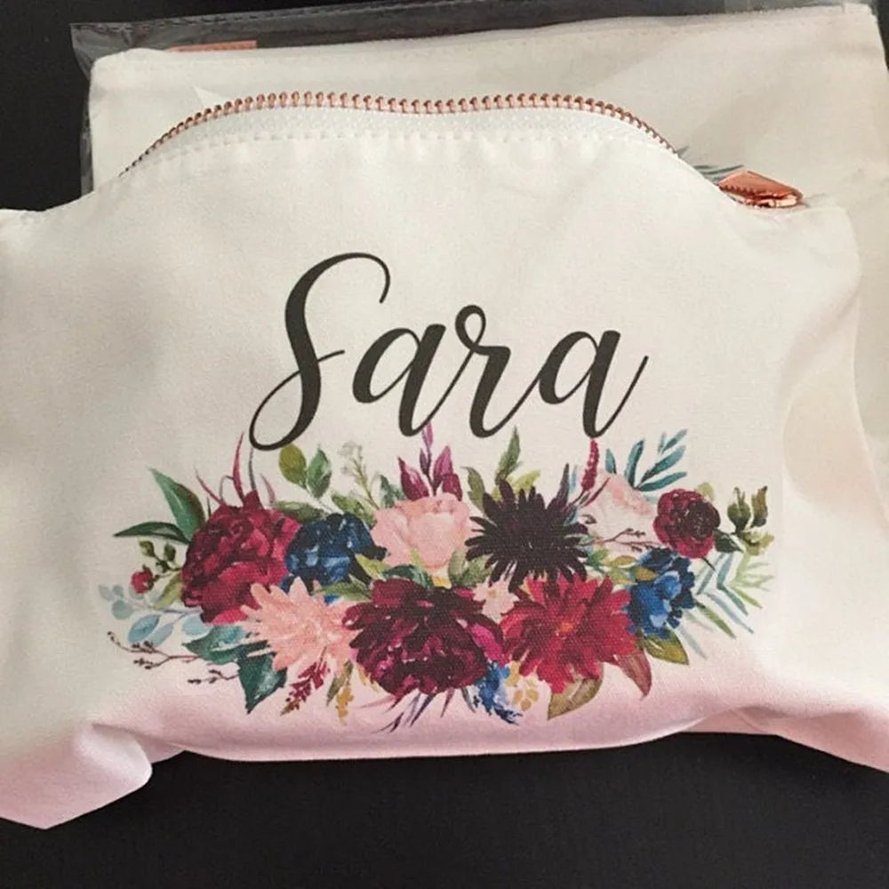 Burgundy Floral Makeup Bag Bridesmaid Wedding Pouch