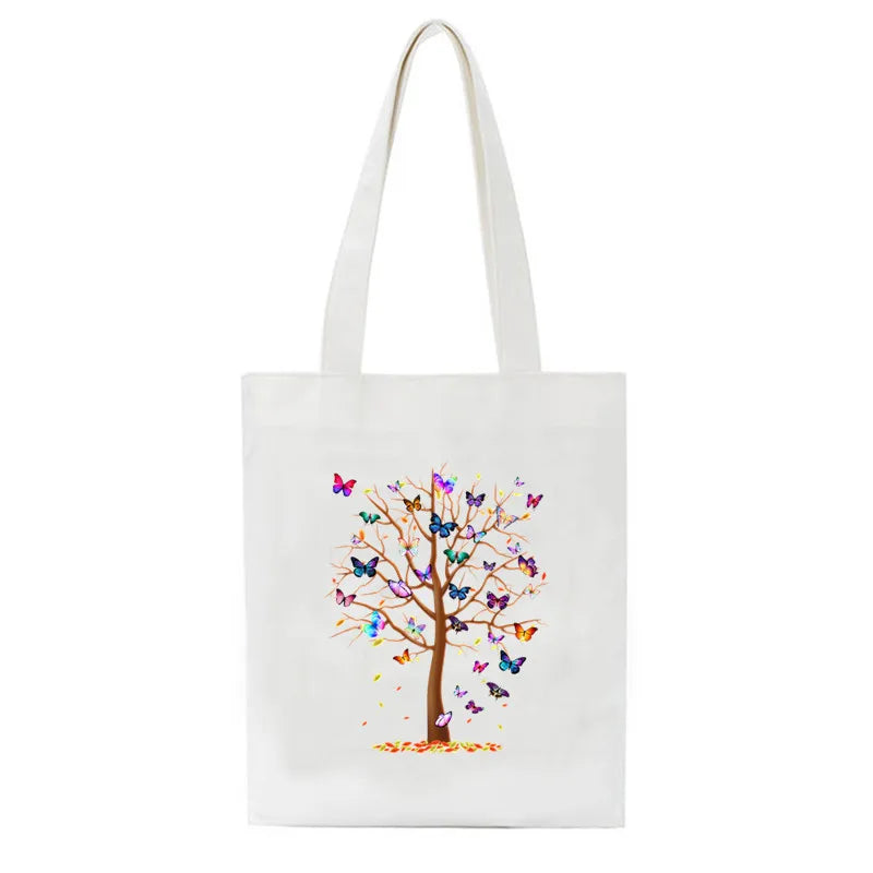 Butterfly Tree Canvas Women Shopping Bags Mom Life Girl Shoulder Cloth Bags