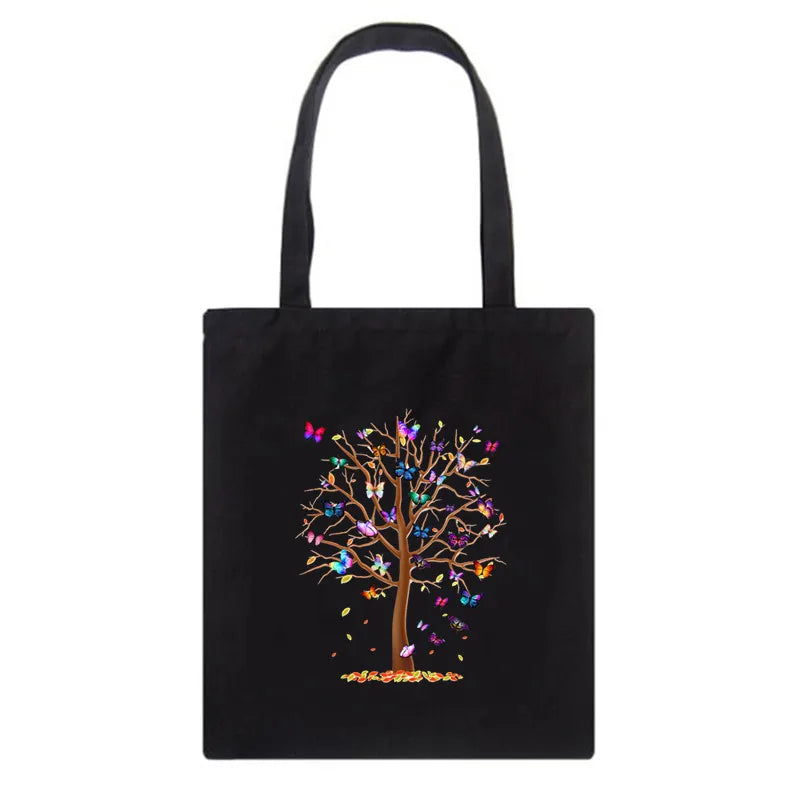 Butterfly Tree Canvas Women Shopping Bags Mom Life Girl Shoulder Cloth Bags