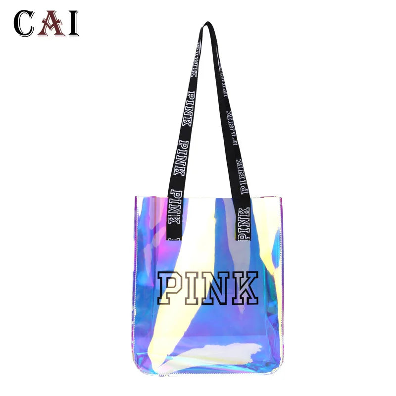 Pink Laser Shoulder Handbag Women Jelly Bag Letter Print Casual Shopping Bag