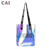Pink Laser Shoulder Handbag Women Jelly Bag Letter Print Casual Shopping Bag