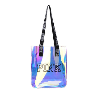 Pink Laser Shoulder Handbag Women Jelly Bag Letter Print Casual Shopping Bag