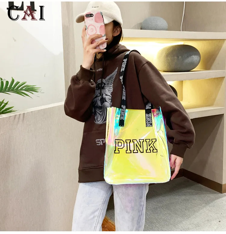 Pink Laser Shoulder Handbag Women Jelly Bag Letter Print Casual Shopping Bag