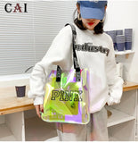 Pink Laser Shoulder Handbag Women Jelly Bag Letter Print Casual Shopping Bag