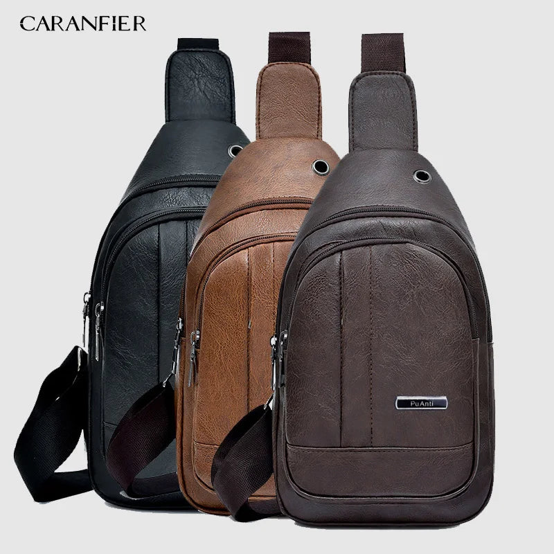 Waterproof PU Shoulder Bag USB Charging Men's Chest Bag