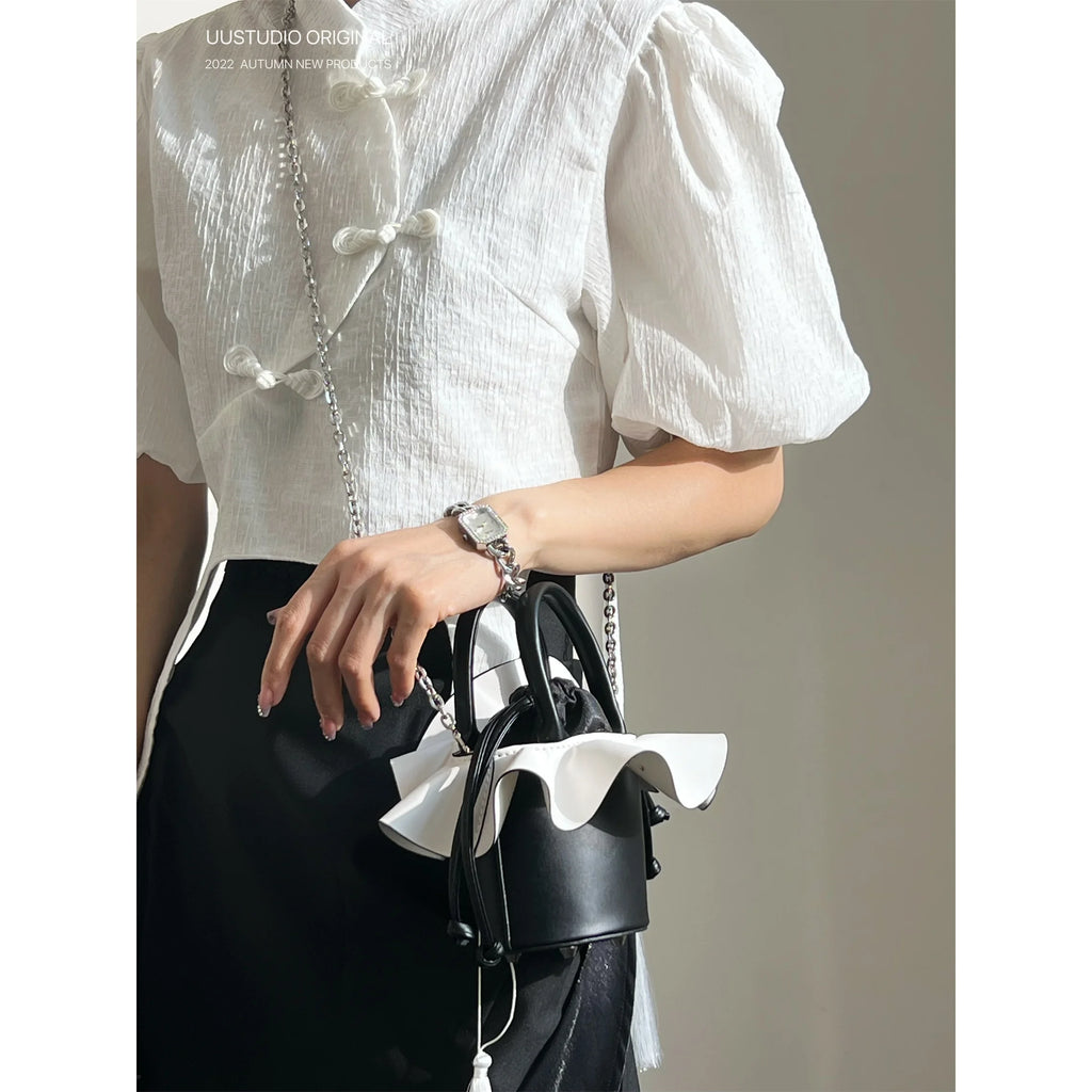 Y2K Style Pleated Mini Lipstick Bucket Bag