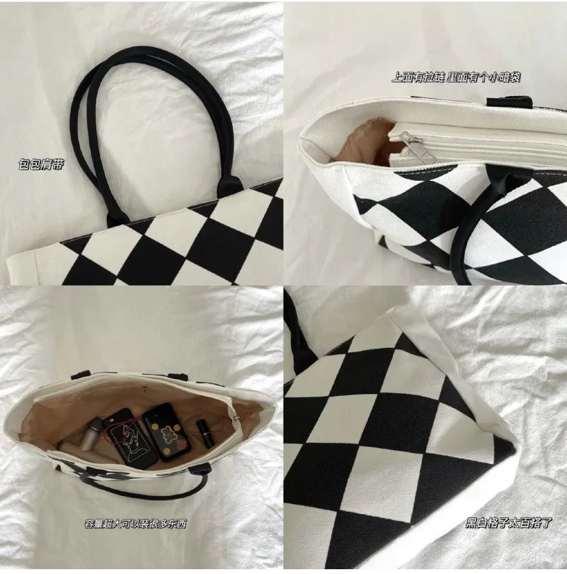 Chequer Pattern Women Casual Tote Large Capacity Canvas Handbag