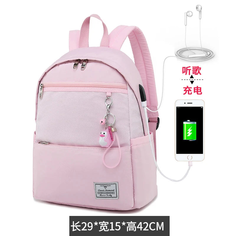 Pink Teenage Girls USB Charging Backpack for School