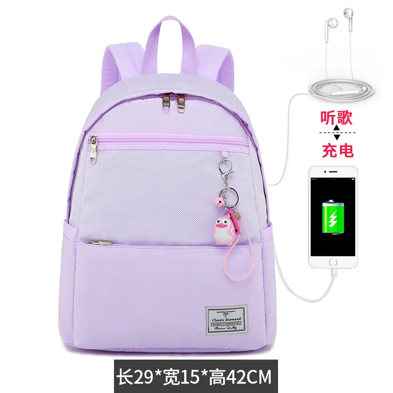 Pink Teenage Girls USB Charging Backpack for School
