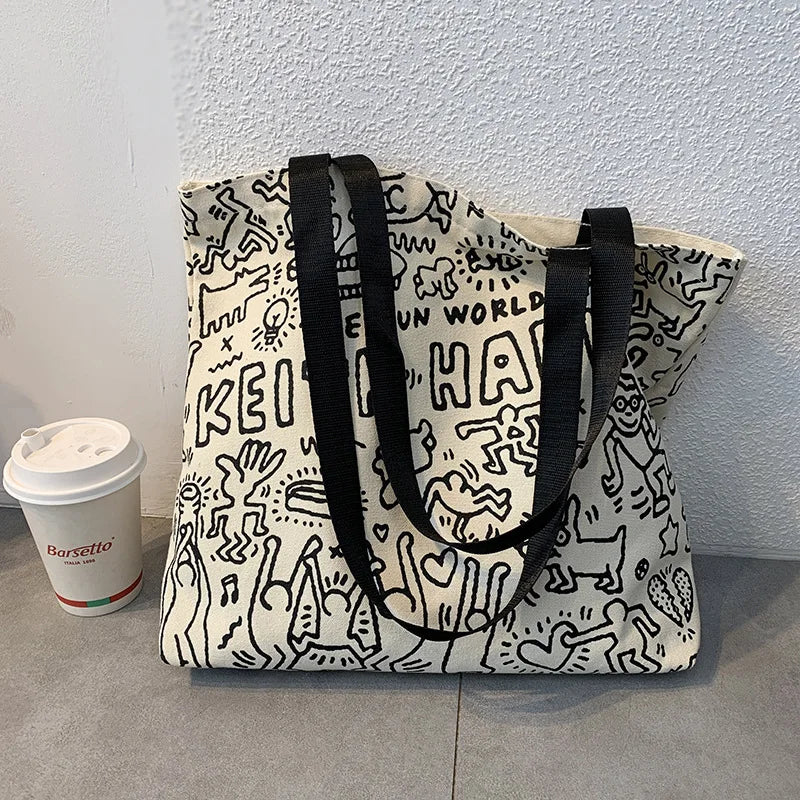 Canvas Bag for College Female Students Shoulder Portable Book Large Capacity