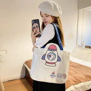 Cartoon Print Canvas Shoulder Bag for Women Reusable Totes