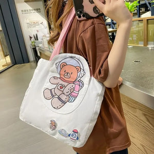 Cartoon Print Canvas Shoulder Bag for Women Reusable Totes