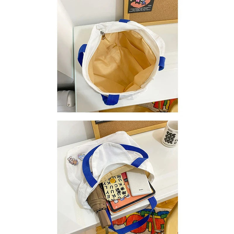 Cartoon Print Canvas Shoulder Bag for Women Reusable Totes