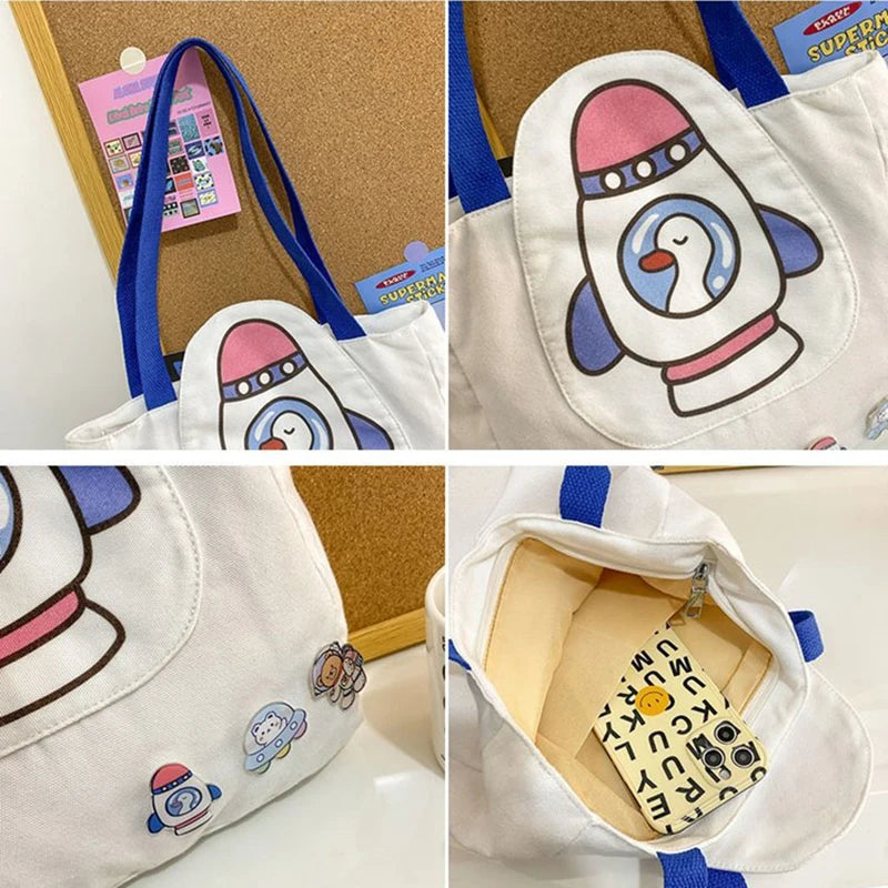Cartoon Print Canvas Shoulder Bag for Women Reusable Totes