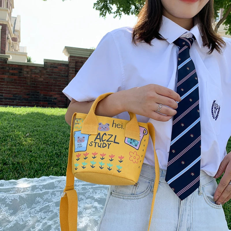 Canvas Bucket Bags for Women Student Shoulder Bags Cartoon Messenger Bags