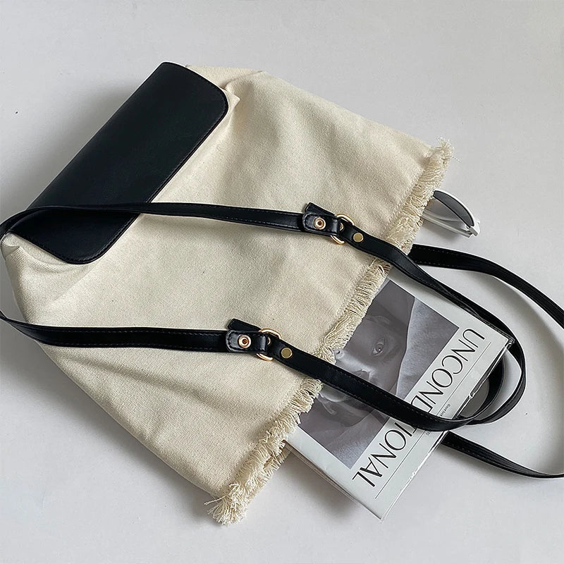 Canvas Fur-lined Shoulder Tote Bags Women Large Capacity Students Laptop
